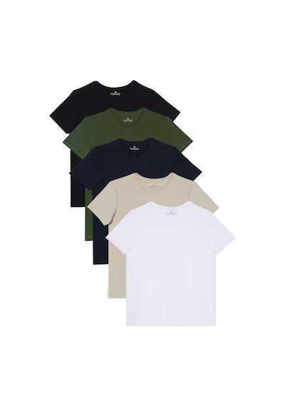 Tudors Unisex 5'li Paket Siyah-beyaz-lacivert-vizon-yeşil Slim Fit Dar Kesim %100 Pamuk Bisiklet Yaka Tişört-51138 Çok Renkli