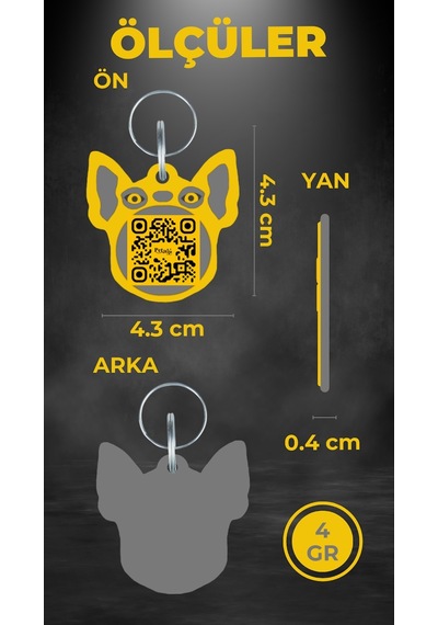 Petjoo 7.Hook Gri-Sarı Qr'lı Köpek Künyesi
