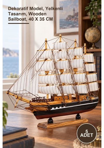5 Adet Ahşap Yelkenli Gemi Dekoratif Model, Yelkenli Tasarım, Wooden Sailboat, 40 X 35 Cm