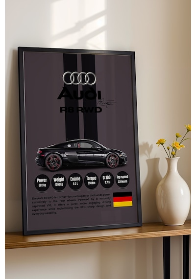 Audi R8 Rwd Premium Spor Araba Çerçeveli Tablo - Teknik Özellikli Otomobil Sever Duvar Dekoru Siyah