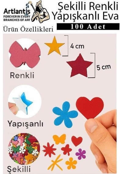 Şekilli Eva Yapışkanlı 100 Lü 1 Paket Kendinden Yapışkanlı Eva Sticker Kalp Yıldız Okul Öncesi Kreş Ana Okulu Süsleme