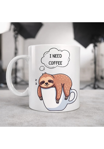 I Need Coffee Yazılı Tembel Hayvan Tasarımlı Kupa Model 236 Komik Seramik Kahve Kupası Çok Renkli
