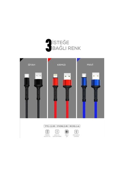 Zore LS65 Micro - Lightning - Type - C Hızlı Şarj Data Kablosu