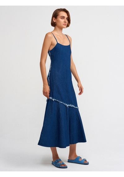 Dilvin 90526 Askılı Koyu Renk Denim Elbise-Lacivert