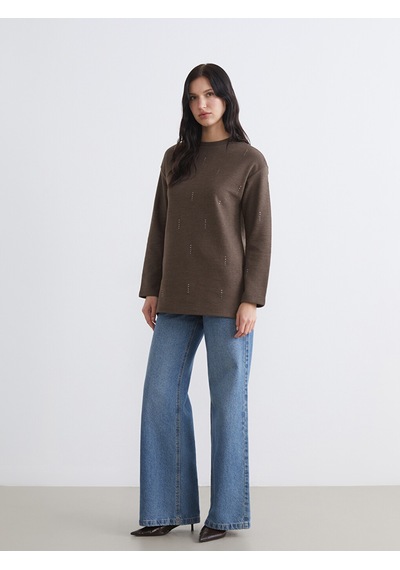 Lcwaıkıkı Classic Bej Soft Touch Taşlı Kadın Sweatshirt Tunik