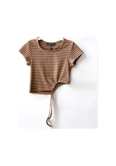Zekids Kız Çocuk Çizgili Yandan Biyeli Crop Bluz-14471 Vizon