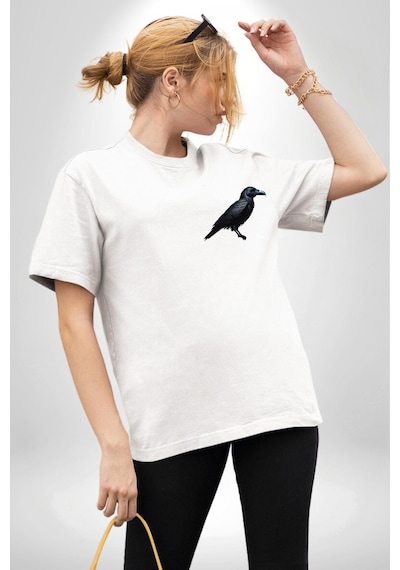 3 Gözlü Kuzgun Beyaz Oversize Unisex Ön Ve Sırt Baskılı Tişört Beyaz