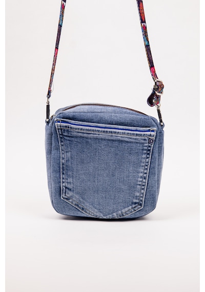 Fabric Craft Bag Kadın Çapraz Çanta Denim Kot Cepli Desenli Askılı Özel Seri 21x21 Cm Mavi