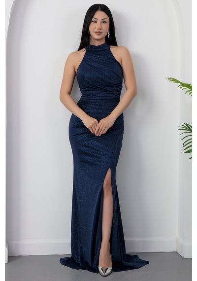Kalopya Halter Yaka Yırtmaçlı Simli Elbise Drp0013 Lacivert