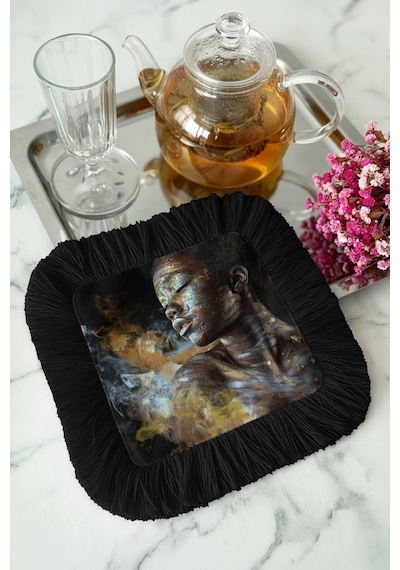 Sanatsal Işıltılı Saçaklı Sunum Peçetesi - Afro Dokunuşlu Bohem Siyah Bardak Altlığı Mendil Soft Göl Bronz