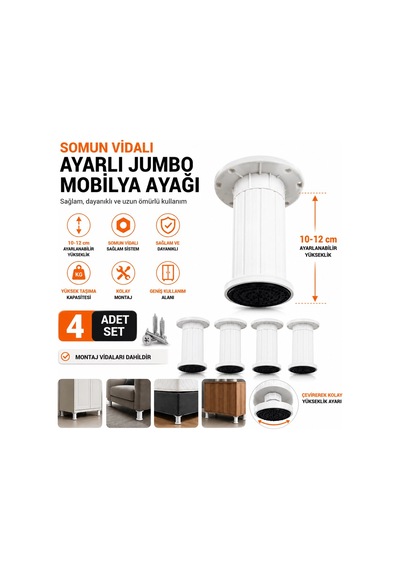 4 Adet Somun Vidalı Ayarlı Jumbo Mobilya Ayağı 10 12 Cm Dayanıklı Mobilya Destek Ayağı Beyaz Renk