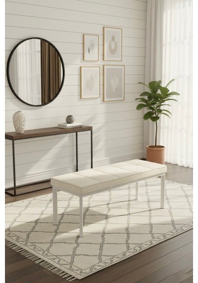 Vena 105x40 Bench - Babyface Kumaş Çımalı Döşeme Puf Bench Beyaz Ayaklı Krem