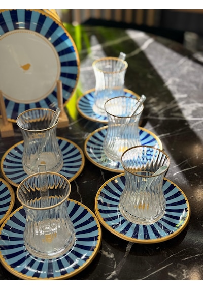 34 Parça Iwon Blue Yaldızlı 6 Kişilik Pasta Çay Servis İkram Takımı-4908 Lacivert