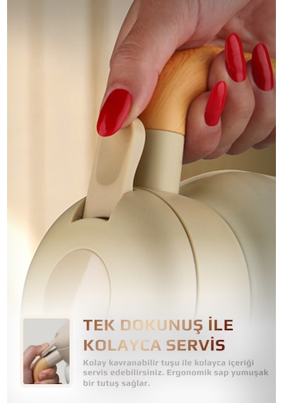 Fika Paeta Çift Katmanlı Sızdırmaz Kapaklı Çelik Orta Boy Sürahi Termos 1300 Ml Bej