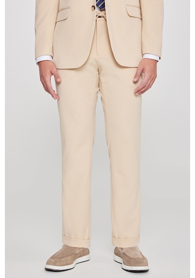 Erkek Bej Slim Fit Dar Kesim Mono Yaka Beli Bağlamalı Kapak Cepli Esnek Takım Elbise Bej