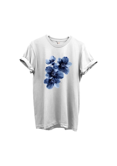 Mavi Çiçek Desenli Kadın %100 Pamuk Regular Fit Bisiklet Yaka T-shirt Beyaz
