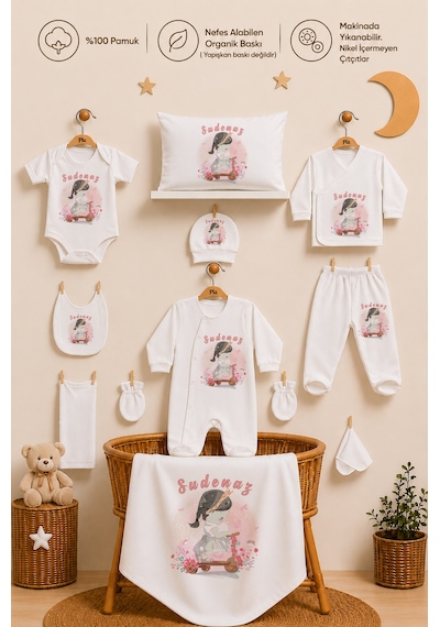 Pia Baby Kız Bebek Hastane Seti 11 Parça %100 Pamuk Kişiye Özel İsim Baskılı Yenidoğan Set 2094110x Ekru