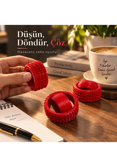 3 Parçalı Döner Zeka Oyunu Anti Stres Masaüstü Puzzle Kırmızı