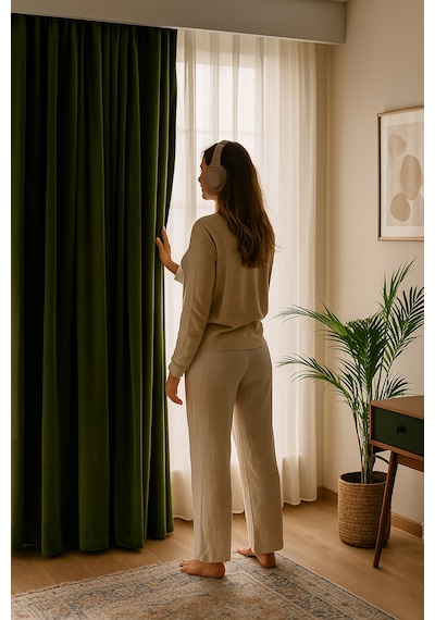 Süet Elit Kadife Dokulu Natural Fon Perde Salon Oturma Odası Yatak Odası Antre Yeşil