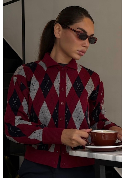 Madmext Bordo Baklava Desenli Polo Yaka Kadın Hırka Mg2478 Bordo