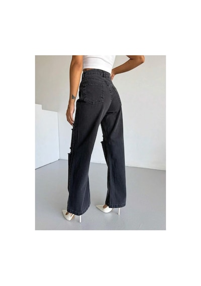 Kene Jeans Çift Diz Lazer Yırtık Füme Bol Paça Jeans Füme