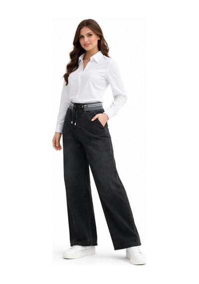 Kübra Kadın Bol Jean Pantolon Beli Ribana Lastikli Bgl-st05385 Füme