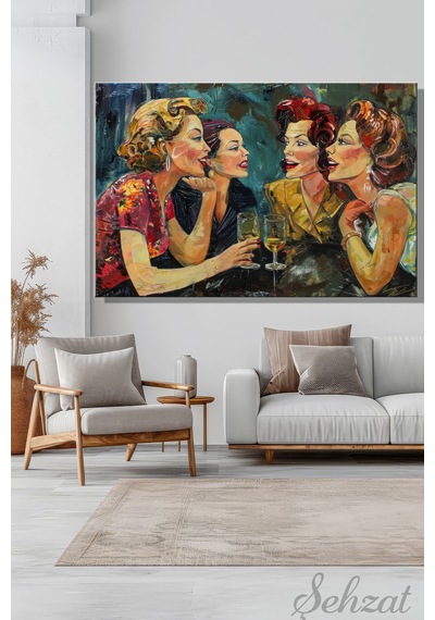 Duvar Tablosu Yatay Kanvas Tekli Salon Mutfak Yatak Odası Ofis Bar Sohbet Şık Kadın Retro Arkadaş