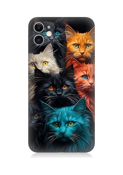 Apple Uyumlu iPhone 11 Silikon Kılıf Renkli Sevimli Kedi Yüzleri