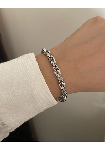 Gümüş Kaplama İç İçe Geçmeli Zincir Halat Unisex Çelik Bileklik - 3213 Gümüş