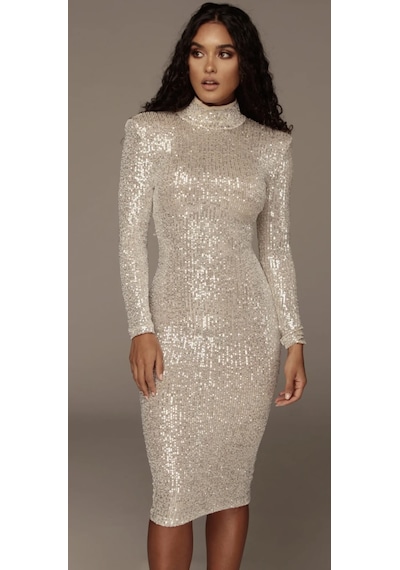 Hanife Glam Couture Balıkçı Yaka Uzun Kollu Midi Elbise Gümüş