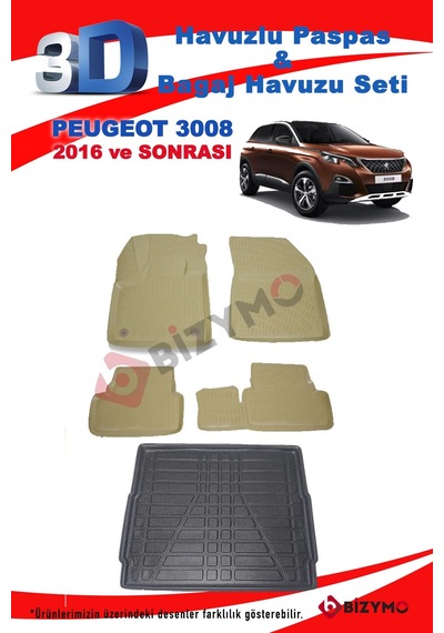 Peugeot 3008 2016 ve Sonrası Bej Paspas ve Bagaj Havuzu Seti Bej