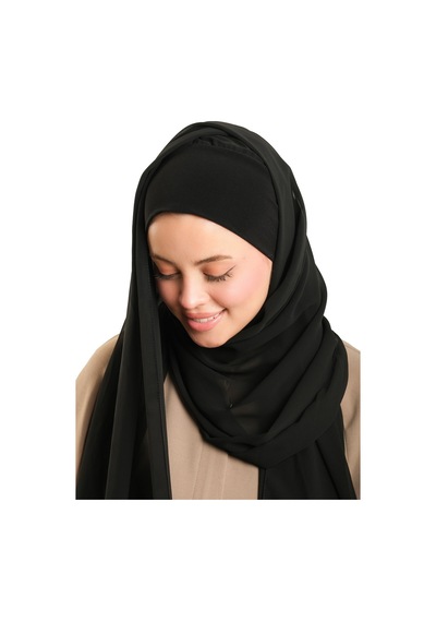 Hürrem Bone Siyah Pratik Hazır Geçmeli Bone Şal Şifon Düz 2506 01 siyah