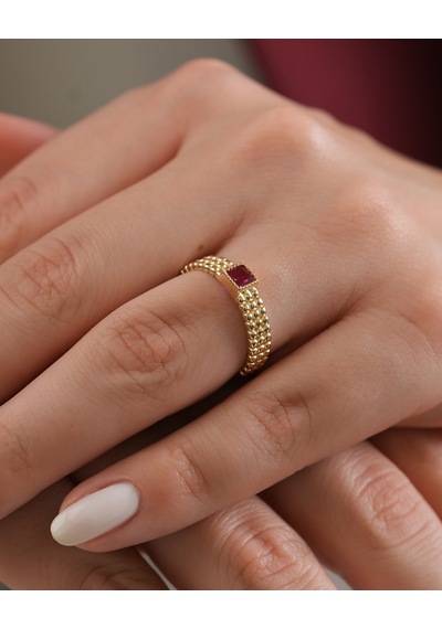 Debora Jewelry 14 Ayar Altın Kare Model Pembe Taşlı Yüzük