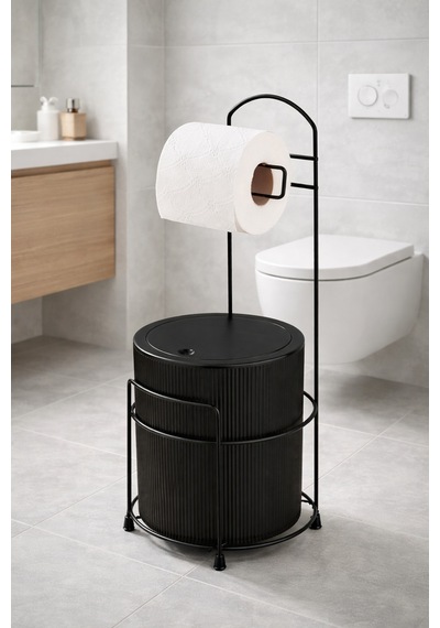 Lüx Banyo Wc Tuvalet Kağıtlığı Çöp Kovası Takım Plastik Kova 6 Litre Paslanmaz Tel Siyah