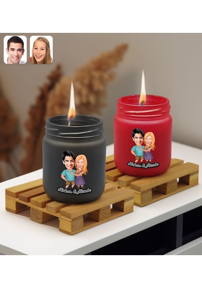 Bk Gift Kişiye Özel Dtf Karikatürlü 2 Li Siyah Ve Kırmızı Renkli Cam Kavanozda Kokulu Mum-1, Arkadaşa Hediye, Sevgiliye Hediye