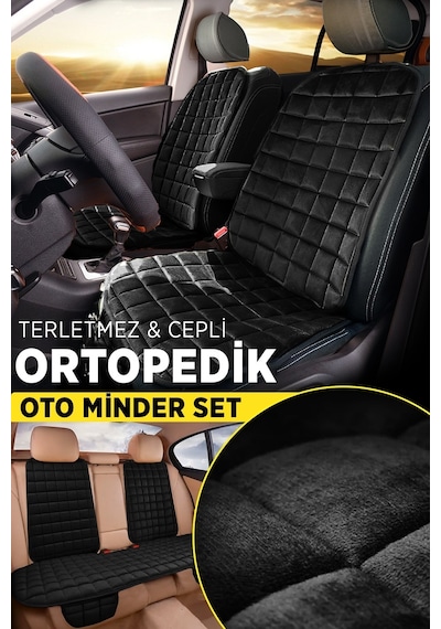 Premium Cepli Ortopedik Oto Koltuk Minder Seti - Oto Koltuk Kılıfı - Ön 2 Koltuk Set - Siyah