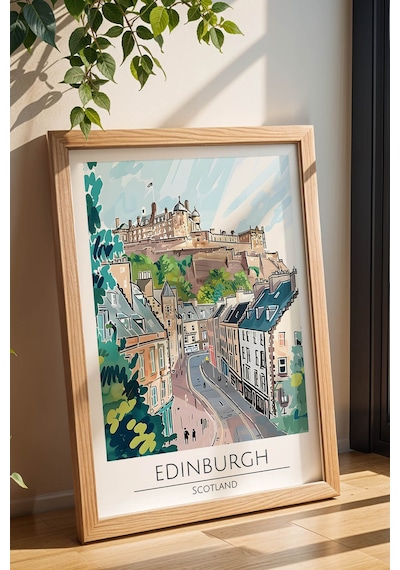 İskoçya Edinburgh Temalı Çerçeveli Tablo Travel Serisi Modern İllüstrasyon Şehir Duvar Dekoru Kayın