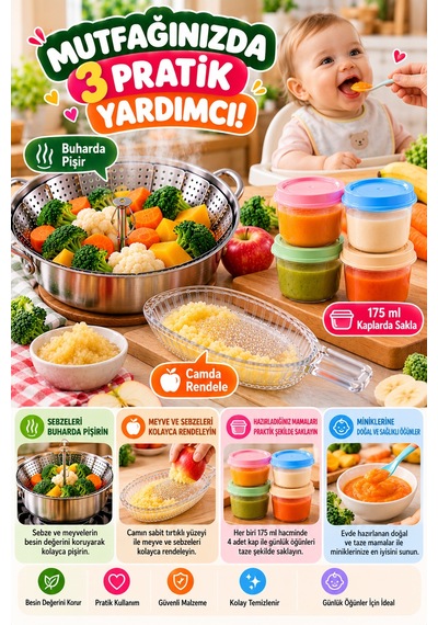 3'lü Bebek Ek Gıda Seti Buharda Sebze Pişirme Aparatı Cam Elma Rendesi 4'lü 175 Ml Mama Saklama Kabı