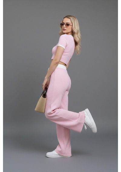 Kadın Fitilli Yüksek Bel Takım Pembe