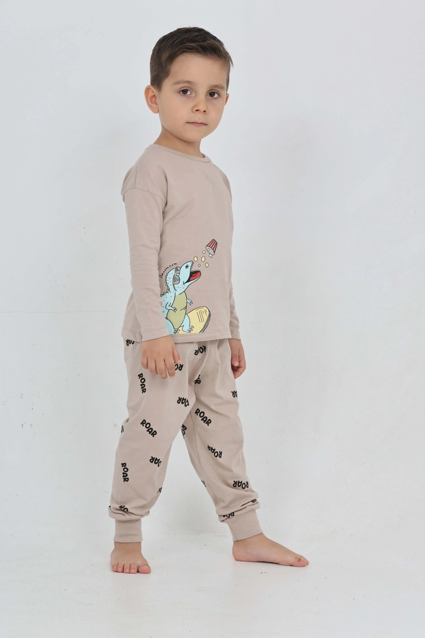Toontoy Kids Toontoy Erkek Çocuk Roar Baskılı Pijama Takım Bej