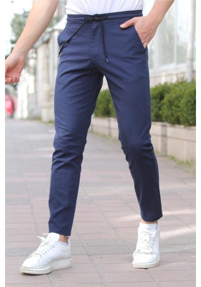Tarz Cool Erkek Eganis Ipli Jogger Düğmeli Kumaş Pantolon Lacivert