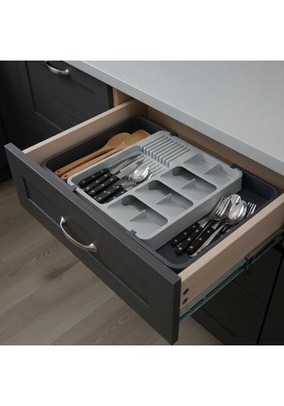 Deconox Çekmece İçi Sürgülü Çatal Kaşık Ve Bıçaklık Organizeri - Genişleyebilir Modüler Mutfak Düzenleyici Açık 55 Cm, Kapalı 34 Cm - Açık Gri Ve Antrasit Renk Açık Mavi