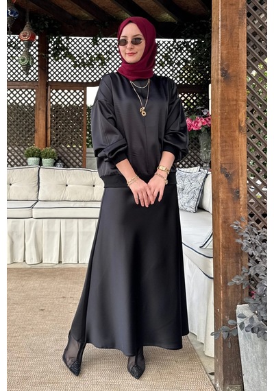 Rabia Şamlı Tanem Saten Etekli Takım Siyah Normal