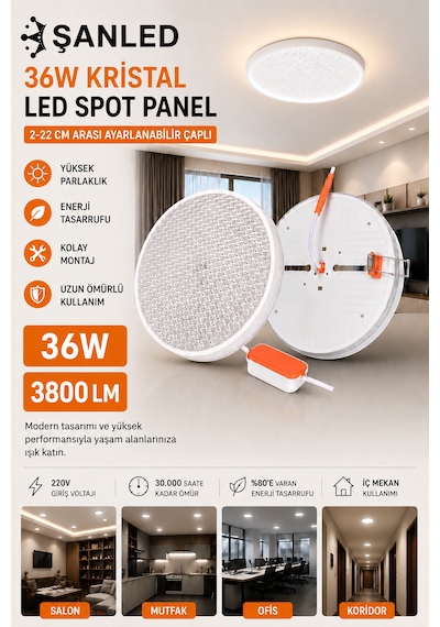 36w Kristal Beyaz Işık Led Spot Panel 3800 Lümen 2-22 Cm Ayarlanabilir Çaplı Tavan Aydınlatma 1 Adet