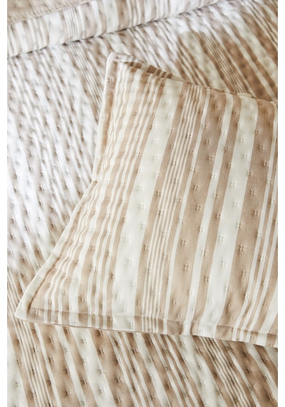 Ocean Home Textile Pamuklu Kapitoneli Bej Renk Çizgi Desen Çift Kişilik Yatak Örtüsü Seti 1 Adet 250 X 230 / 2 Adet 50 X 70 Cm