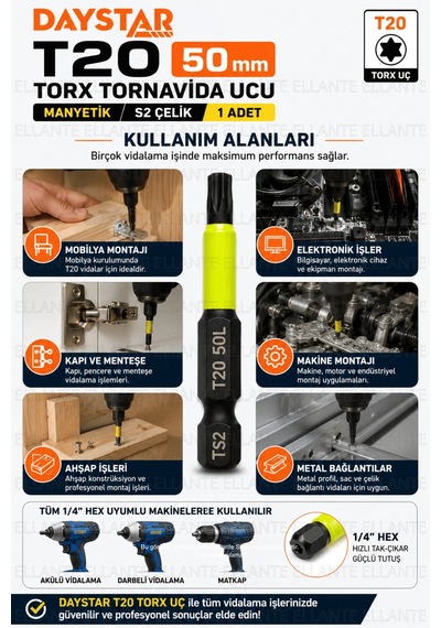 T20 Torx Tornavida Ucu 50 Mm Manyetik S2 Çelik 1/4" Hex Vidalama Ucu 1 Adet Yüksek Kalite