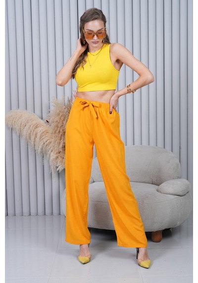 Polologin Butik Sarı Belden Bağlamalı Bol Paça Pantolon Sarı