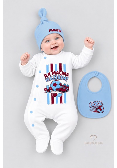 Babyden's 3'lü Bebek Tulum Seti %100 Pamuk Taraftar Temalı Bordo Mavi İlk Maçıma Hazırım Baskılı Şapka Önlük Seti Bordo - Mavi