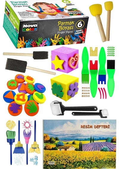 Parmak Boyası 6 Renk Nova Color Resim Defteri 25x35 Sünger Eva Baskı Damga Spatula Rulo Kesik Sünger Eva Okul Öncesi