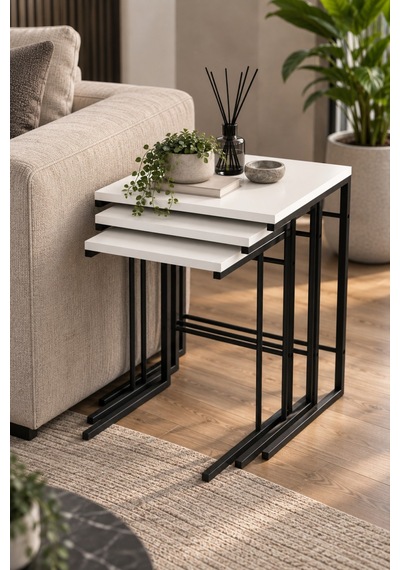 Sulorahome 3'lü Beyaz Zigon Sehpa Seti Metal Ayaklı Kare Tasarım